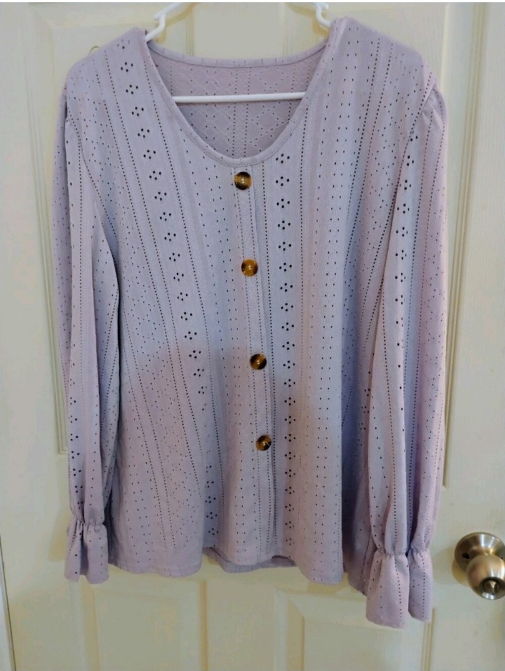 Lavender Eyelet Button-Down Blouse with Tortoise Buttons